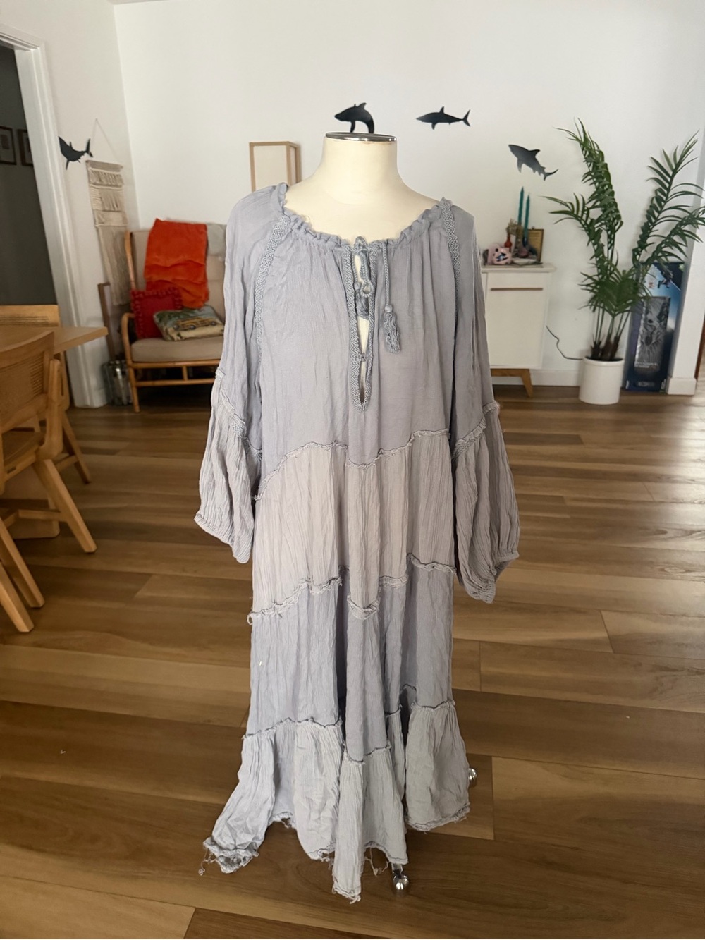 Free People Light Gray/blue Boho Tiered Peasant Maxi Dress